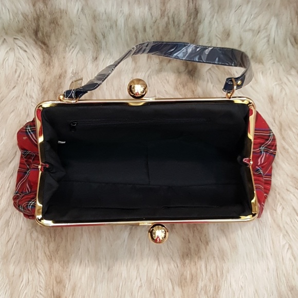 Red Plaid Purse With Royal Emblem -- Cleaned, & Sanitized - Picture 3 of 4